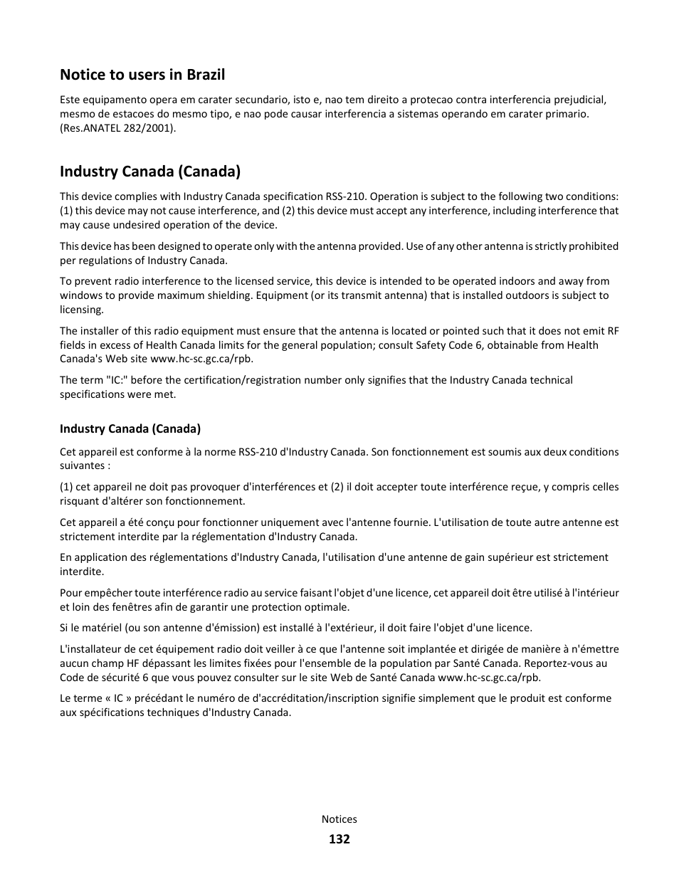 Notice to users in brazil, Industry canada (canada) | Lexmark 101 User Manual | Page 132 / 144