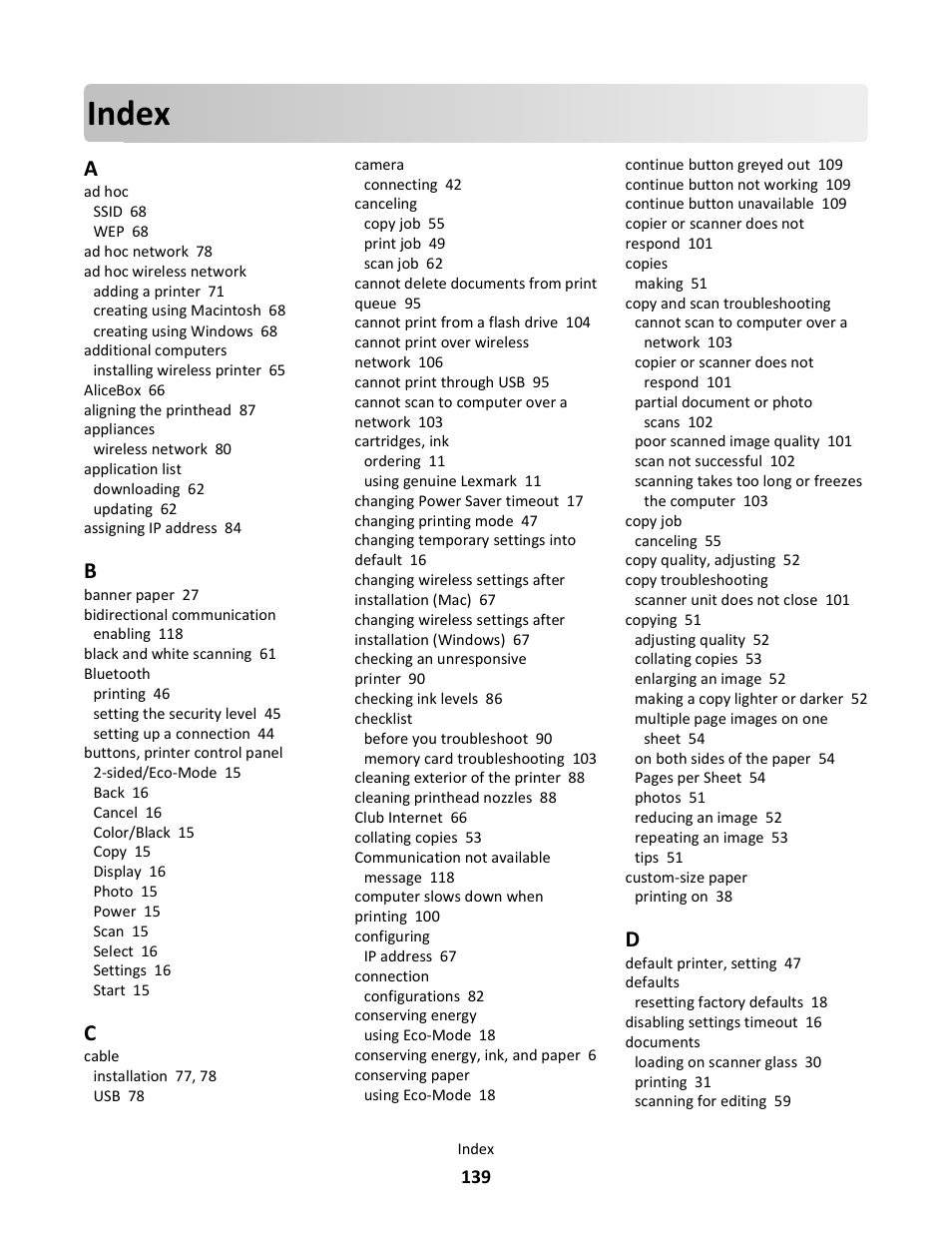 Index | Lexmark 101 User Manual | Page 139 / 144