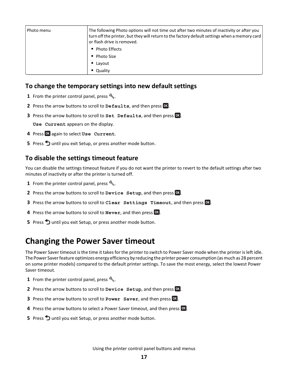 Changing the power saver timeout | Lexmark 101 User Manual | Page 17 / 144
