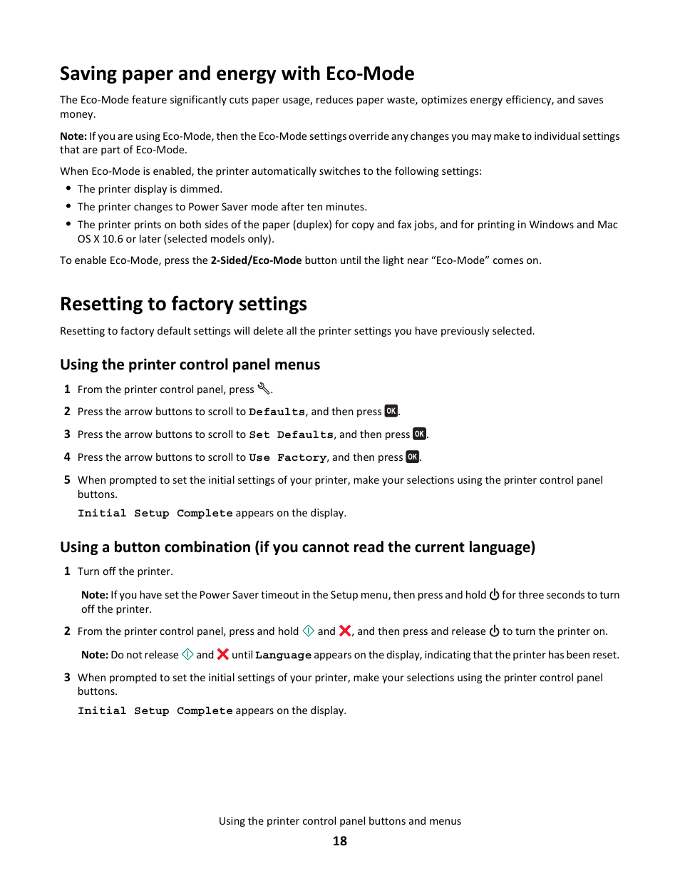 Saving paper and energy with eco-mode, Resetting to factory settings, Using the printer control panel menus | Lexmark 101 User Manual | Page 18 / 144