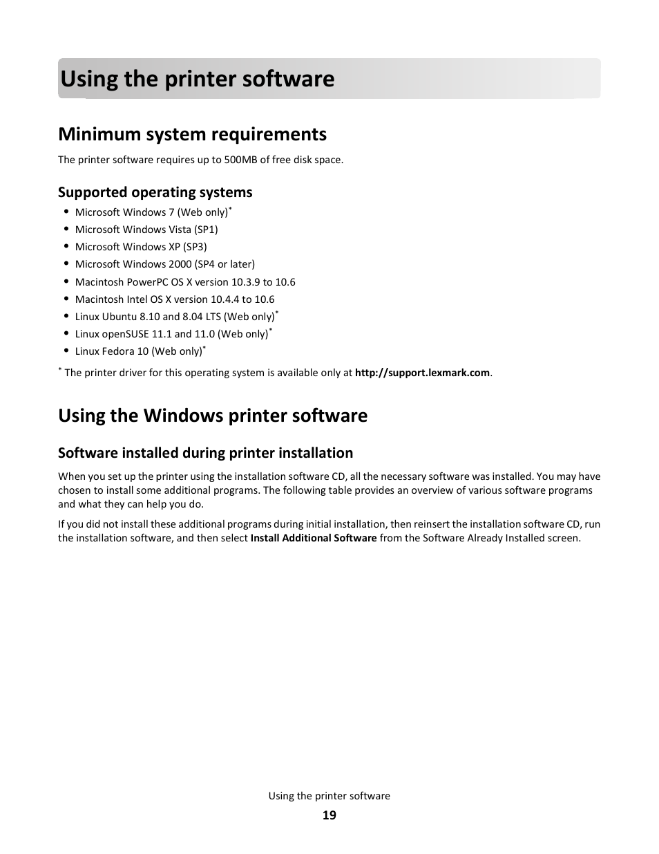 Using the printer software, Minimum system requirements, Using the windows printer software | Supported operating systems, Software installed during printer installation | Lexmark 101 User Manual | Page 19 / 144