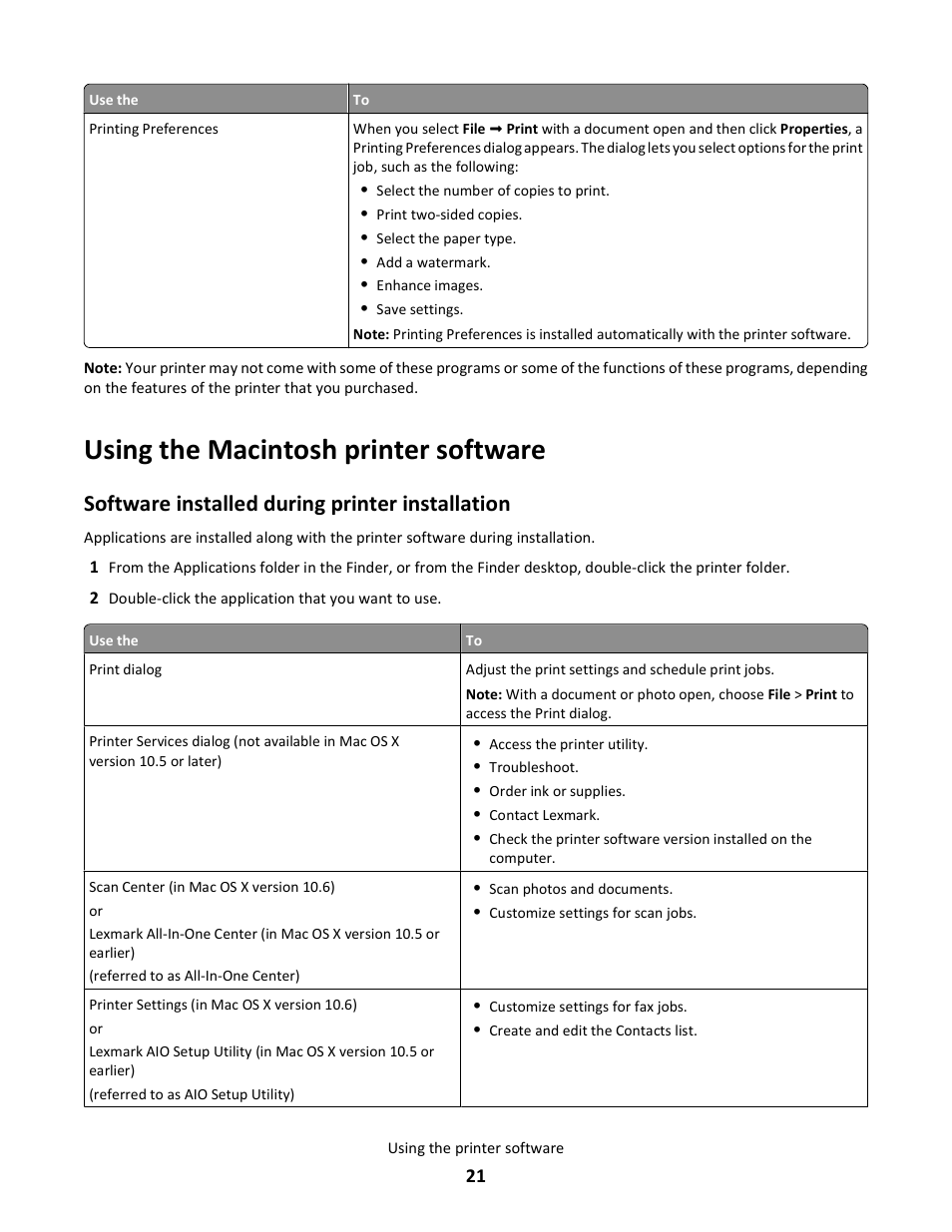 Using the macintosh printer software, Software installed during printer installation | Lexmark 101 User Manual | Page 21 / 144