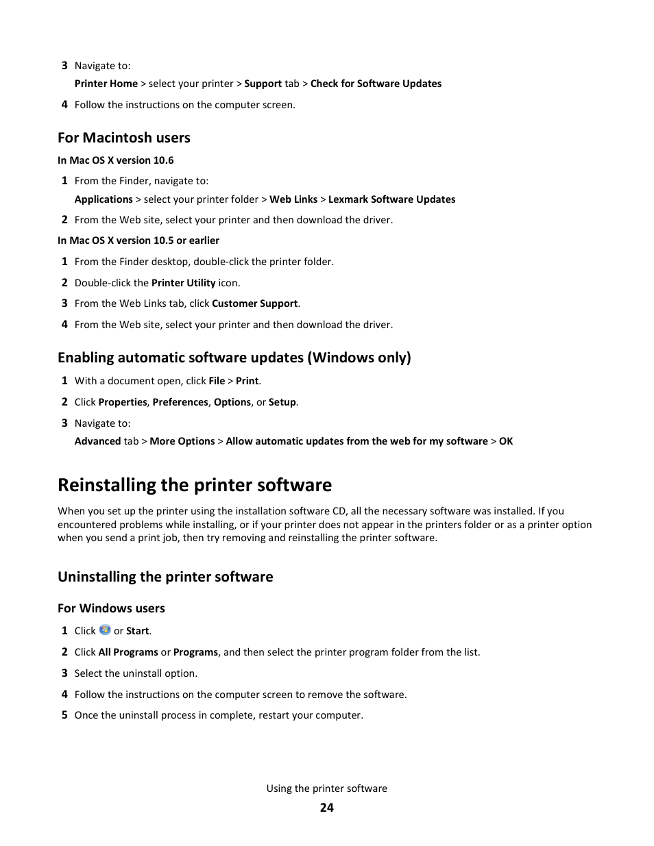Reinstalling the printer software, Uninstalling the printer software, For macintosh users | Enabling automatic software updates (windows only) | Lexmark 101 User Manual | Page 24 / 144