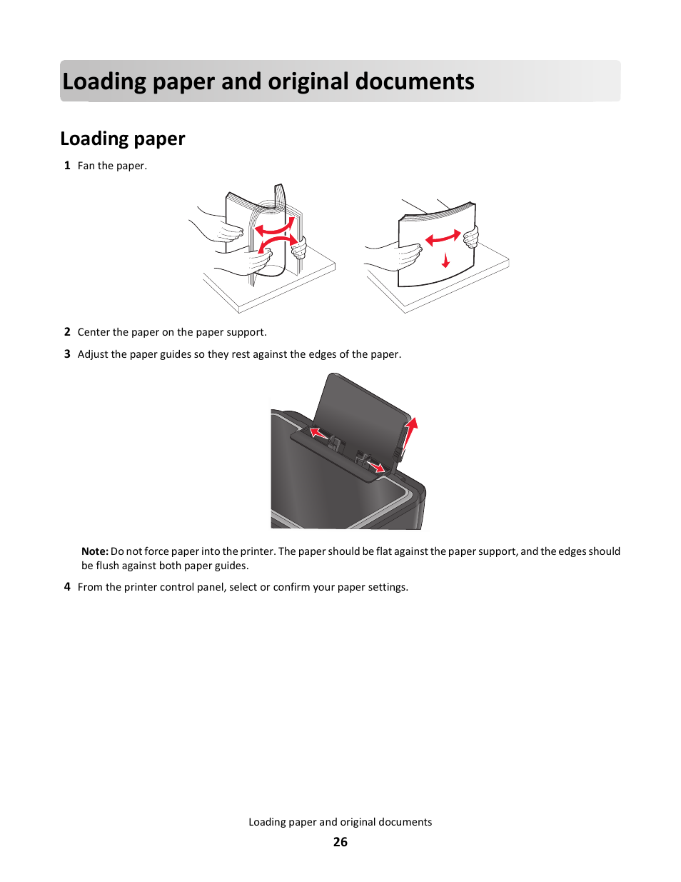 Loading paper and original documents, Loading paper | Lexmark 101 User Manual | Page 26 / 144