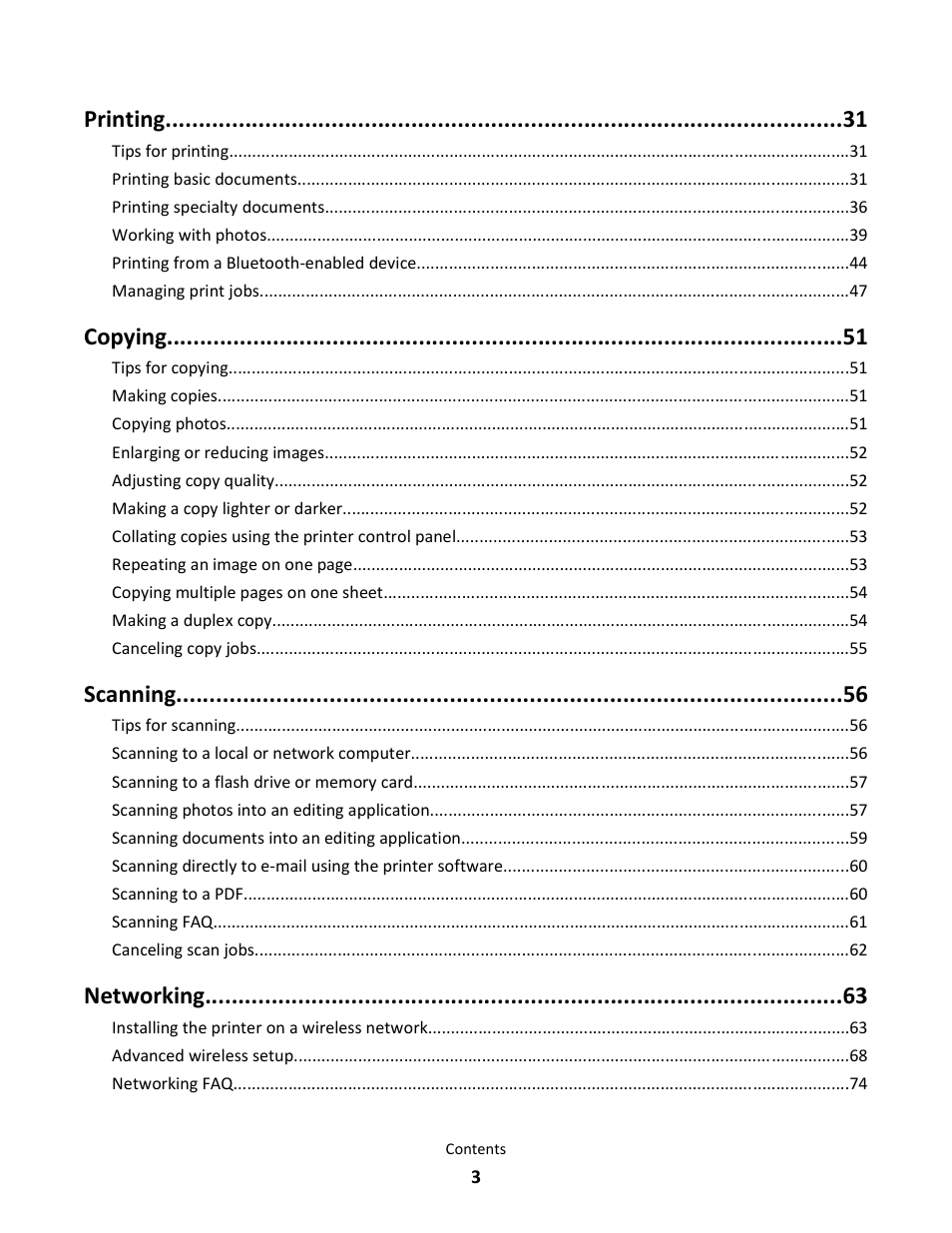Printing, Copying, Scanning | Networking | Lexmark 101 User Manual | Page 3 / 144