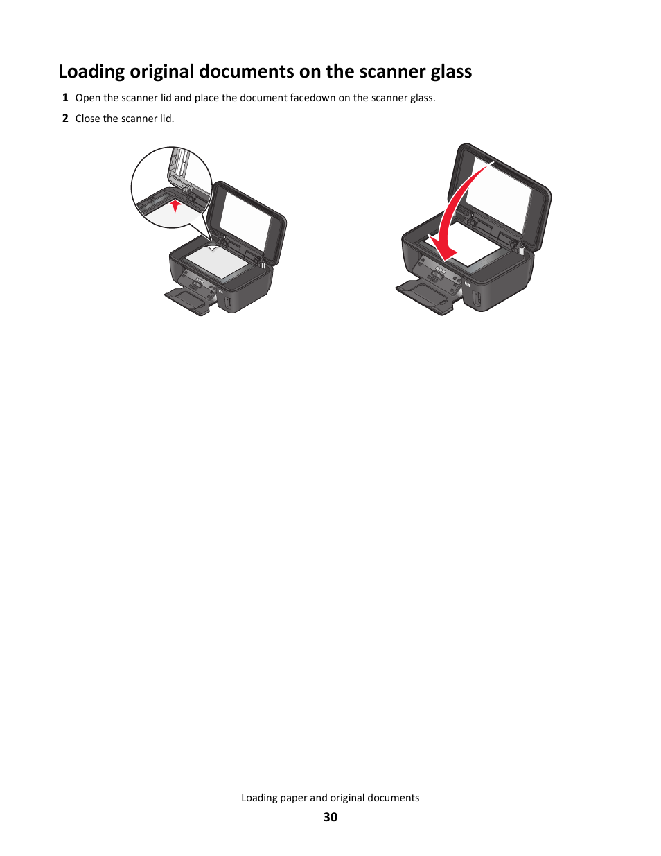 Loading original documents on the scanner glass | Lexmark 101 User Manual | Page 30 / 144