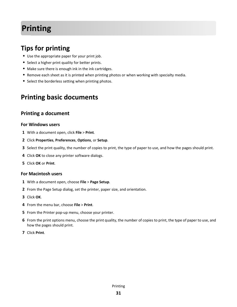 Printing, Tips for printing, Printing basic documents | Printing a document | Lexmark 101 User Manual | Page 31 / 144