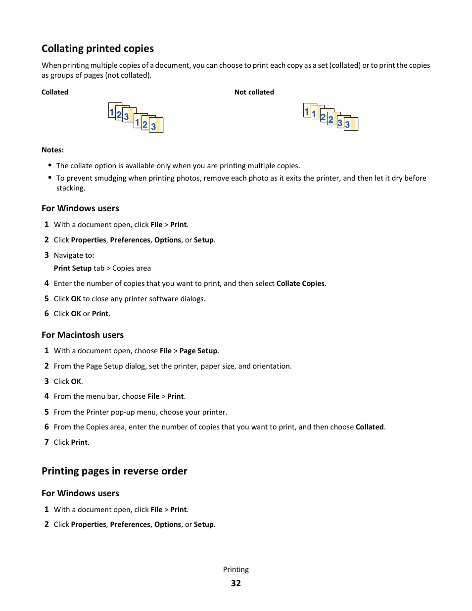 Collating printed copies, Printing pages in reverse order | Lexmark 101 User Manual | Page 32 / 144
