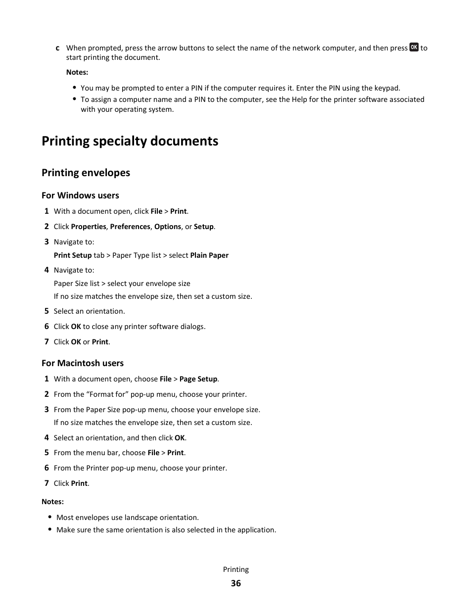 Printing specialty documents, Printing envelopes | Lexmark 101 User Manual | Page 36 / 144