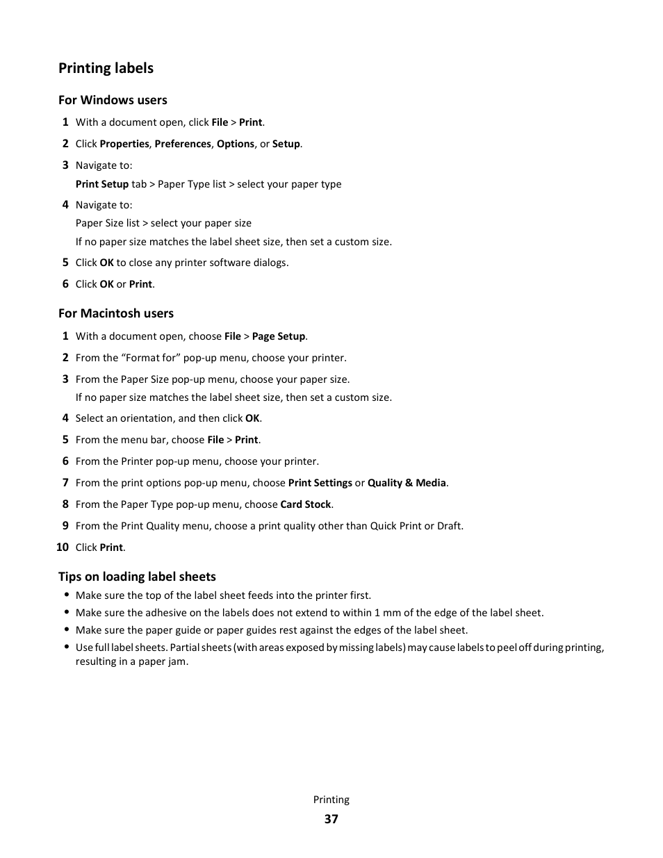 Printing labels | Lexmark 101 User Manual | Page 37 / 144