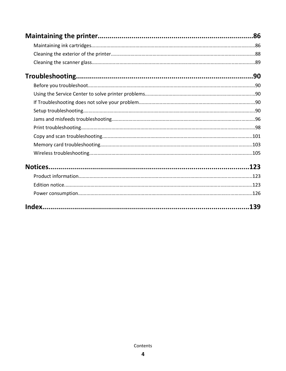 Maintaining the printer, Troubleshooting, Notices | Index | Lexmark 101 User Manual | Page 4 / 144