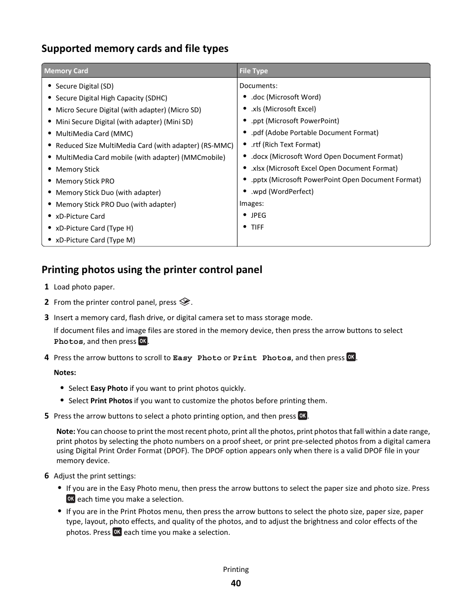 Supported memory cards and file types, Printing photos using the printer control panel | Lexmark 101 User Manual | Page 40 / 144