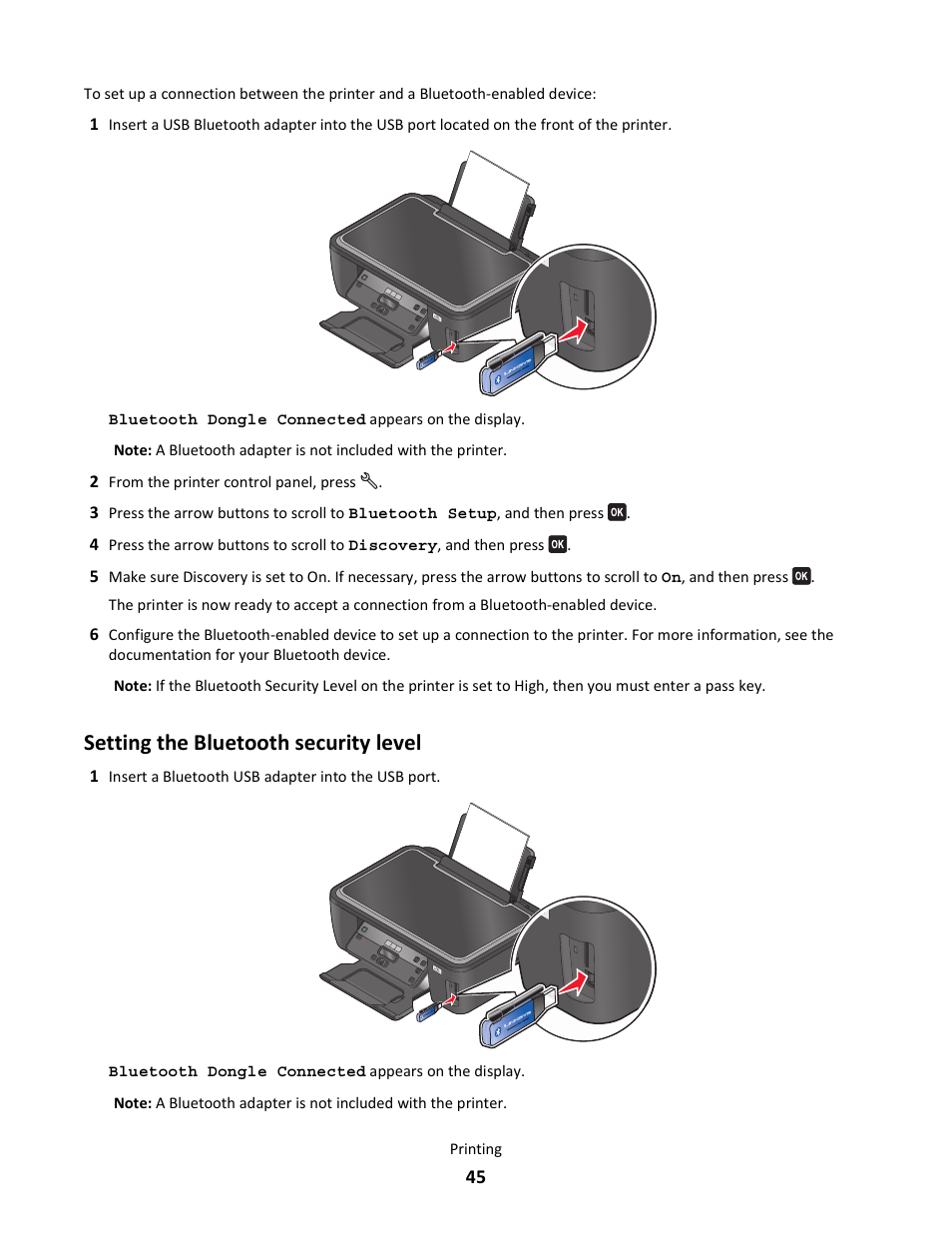 Setting the bluetooth security level | Lexmark 101 User Manual | Page 45 / 144