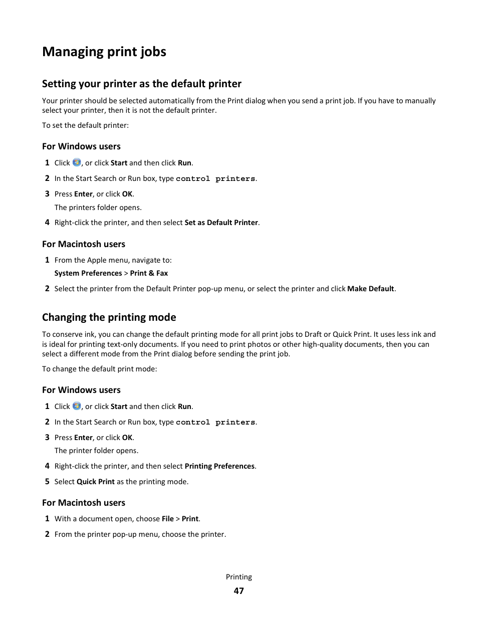 Managing print jobs, Setting your printer as the default printer, Changing the printing mode | Lexmark 101 User Manual | Page 47 / 144