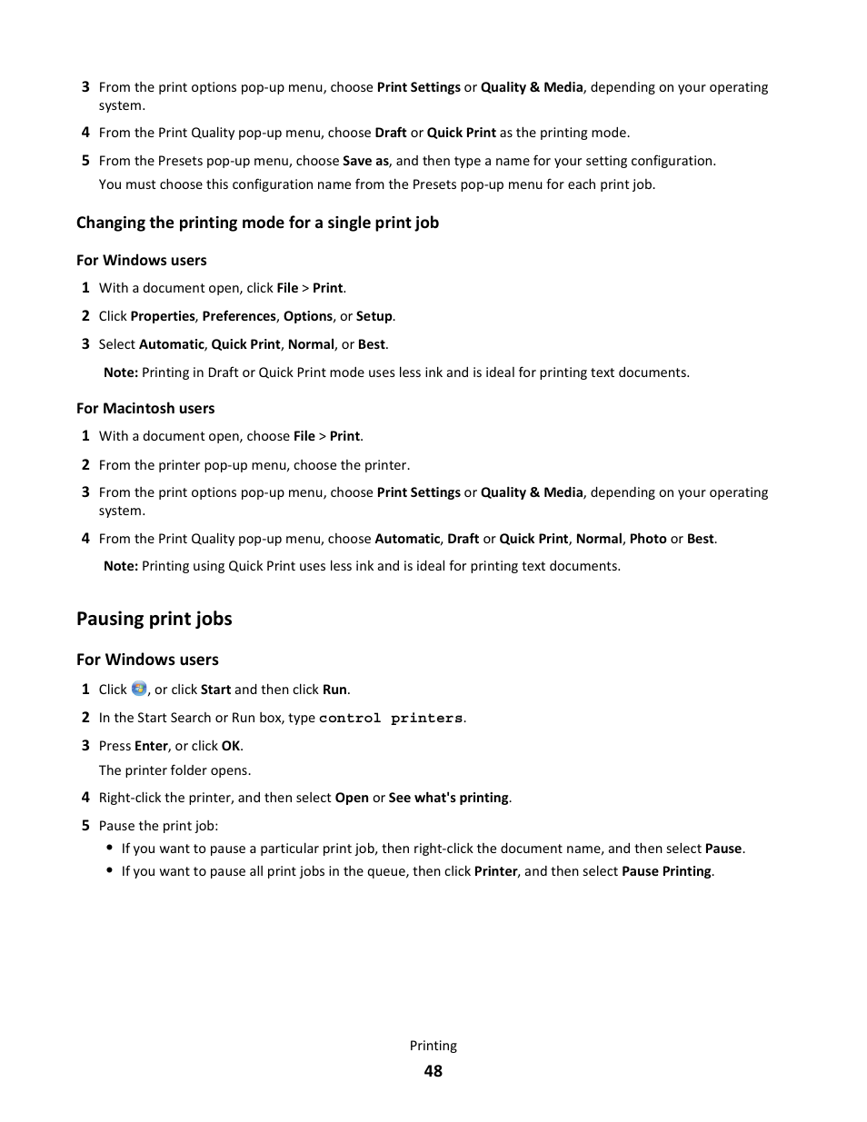 Pausing print jobs | Lexmark 101 User Manual | Page 48 / 144