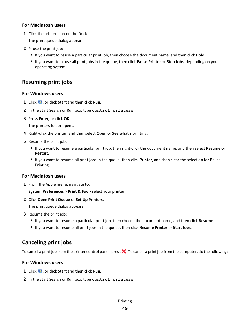 Resuming print jobs, Canceling print jobs | Lexmark 101 User Manual | Page 49 / 144