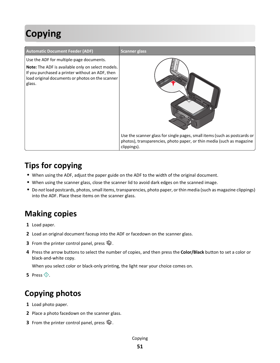 Copying, Tips for copying, Making copies | Copying photos | Lexmark 101 User Manual | Page 51 / 144