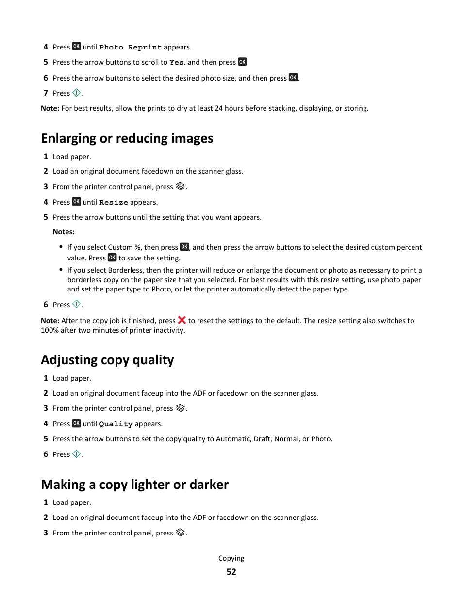 Enlarging or reducing images, Adjusting copy quality, Making a copy lighter or darker | Lexmark 101 User Manual | Page 52 / 144