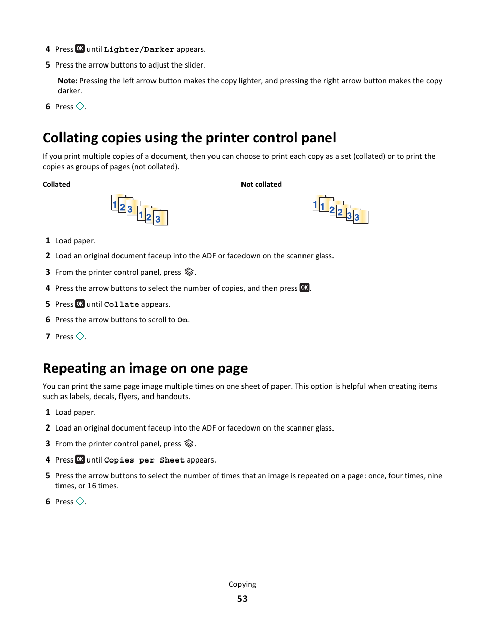 Collating copies using the printer control panel, Repeating an image on one page | Lexmark 101 User Manual | Page 53 / 144