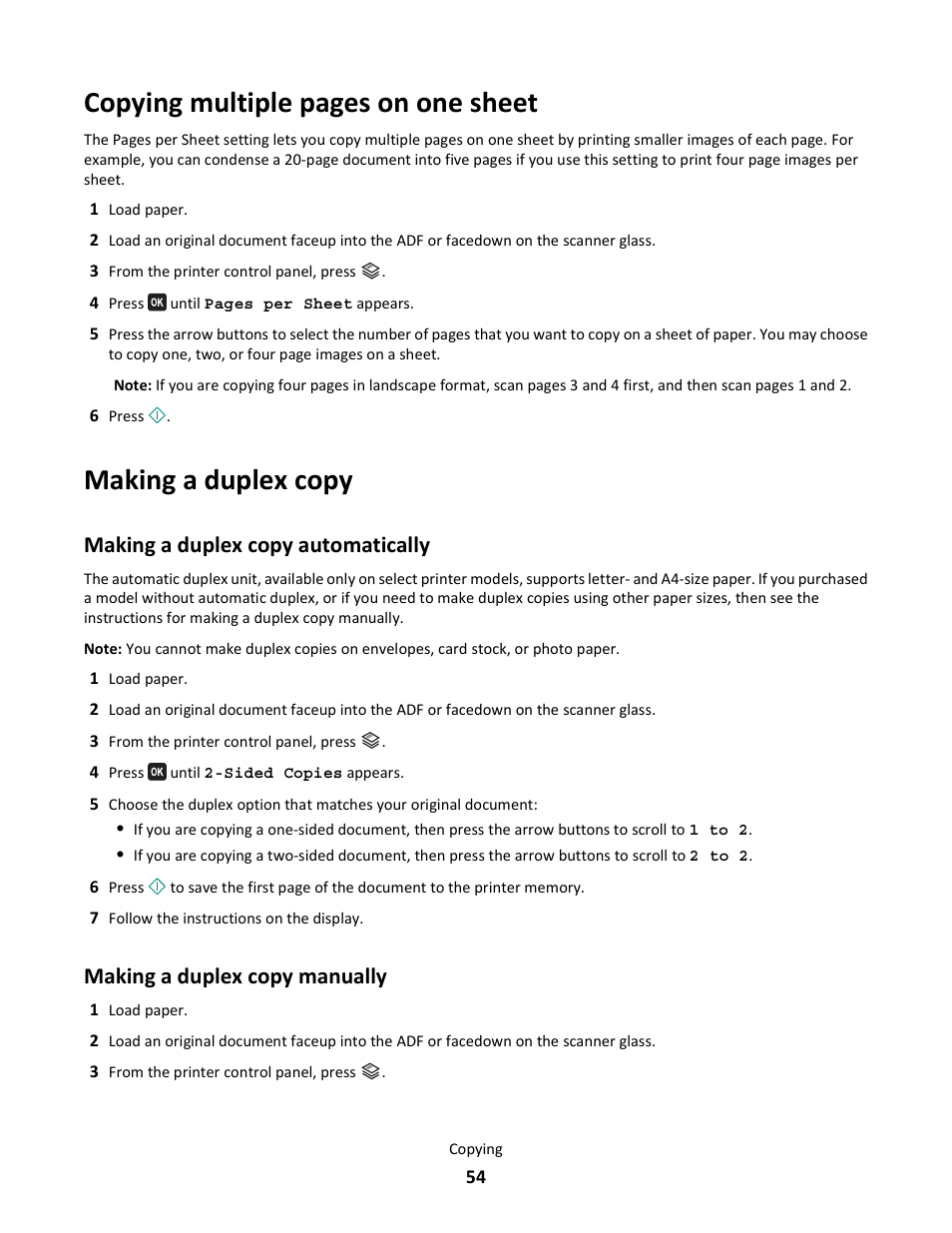 Making a duplex copy, Making a duplex copy automatically, Making a duplex copy manually | Copying multiple pages on one sheet | Lexmark 101 User Manual | Page 54 / 144