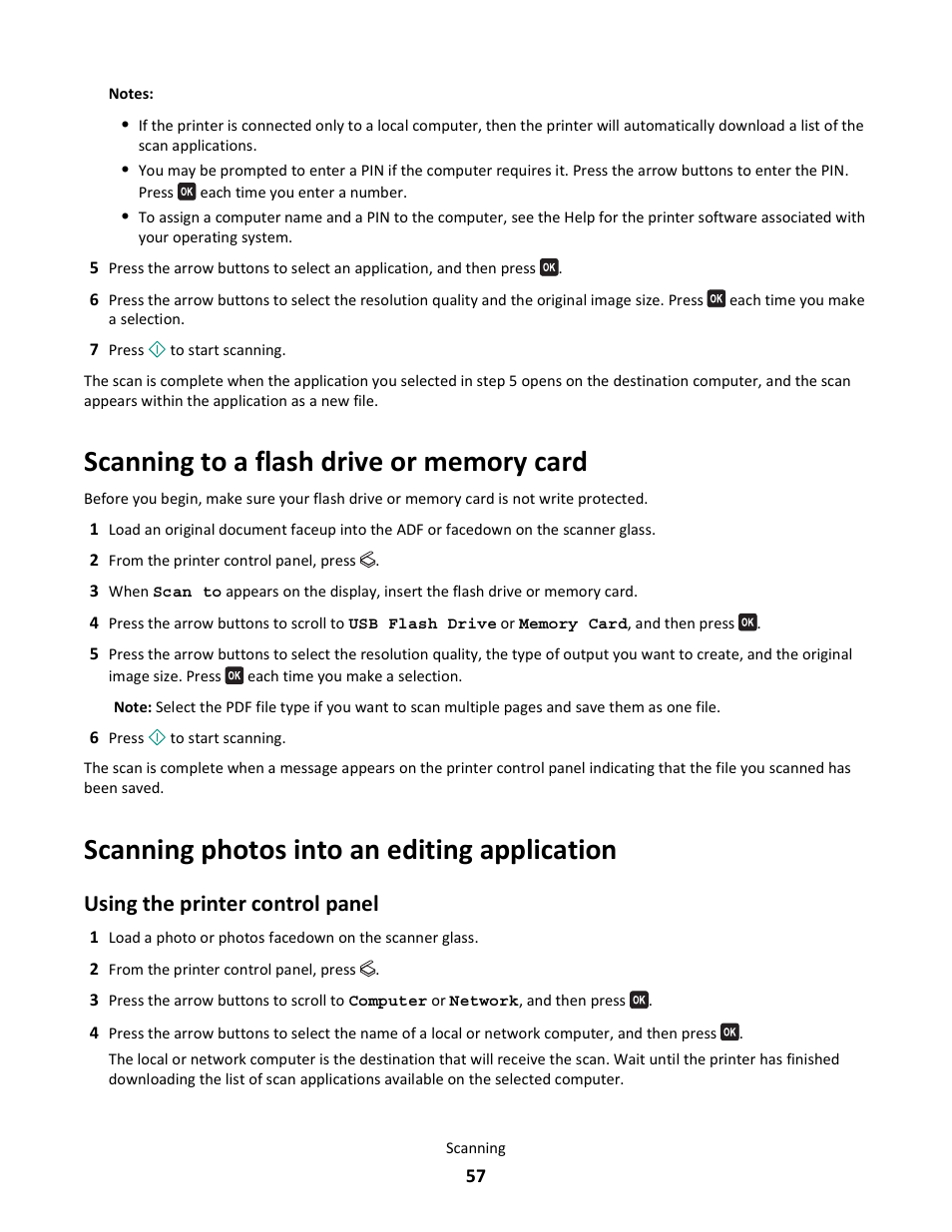 Scanning to a flash drive or memory card, Scanning photos into an editing application, Using the printer control panel | Lexmark 101 User Manual | Page 57 / 144