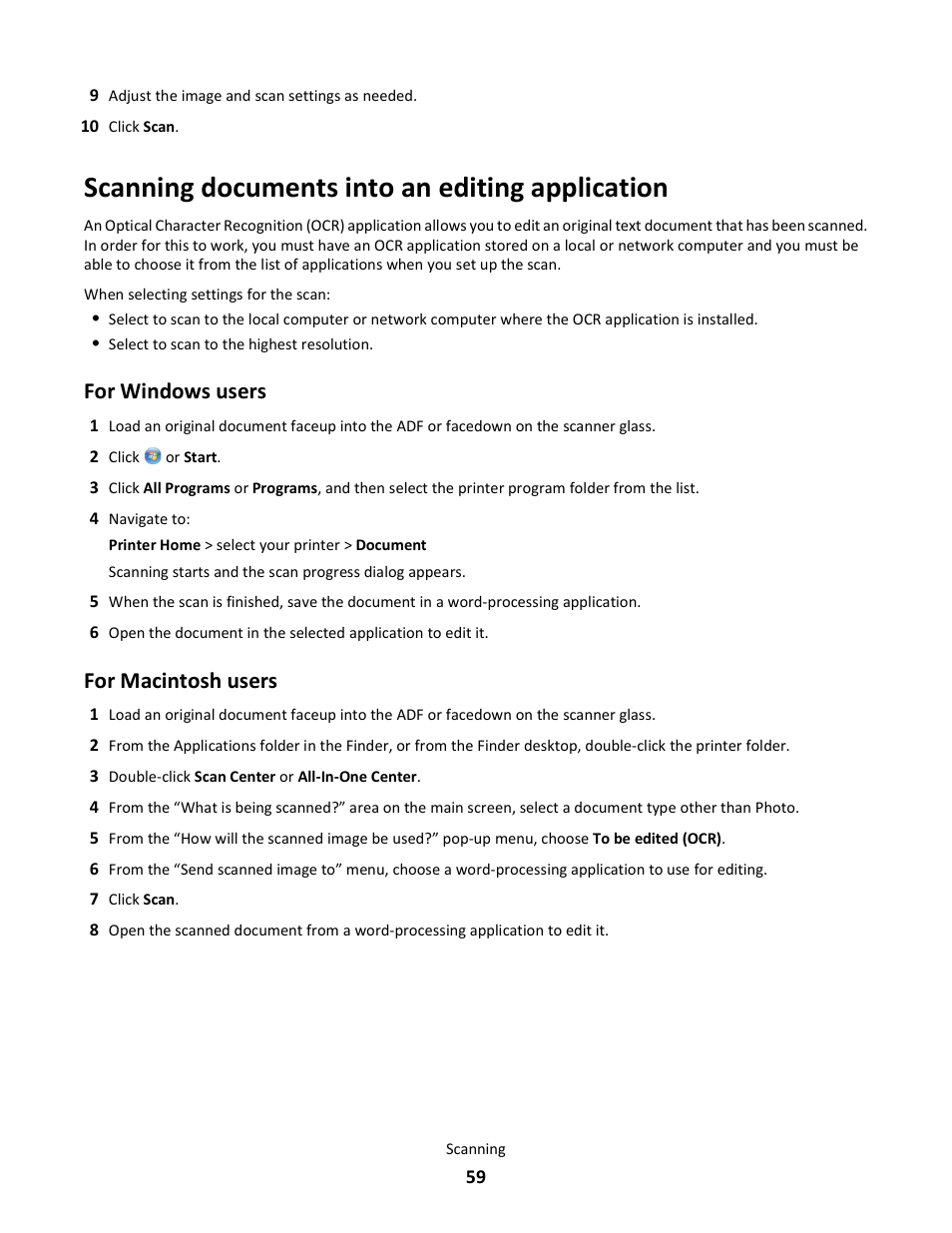 Scanning documents into an editing application, For windows users, For macintosh users | Lexmark 101 User Manual | Page 59 / 144