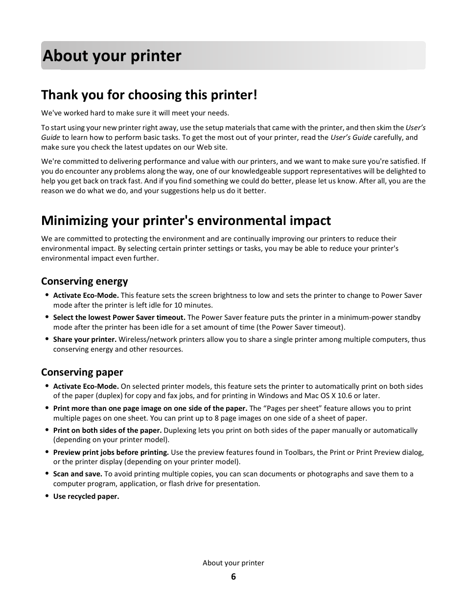 About your printer, Thank you for choosing this printer, Minimizing your printer's environmental impact | Conserving energy, Conserving paper | Lexmark 101 User Manual | Page 6 / 144