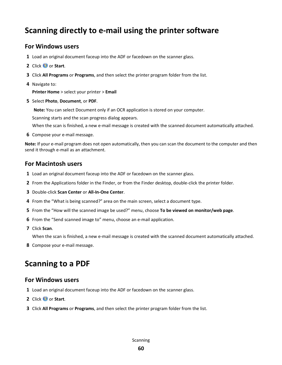 Scanning to a pdf, For windows users, For macintosh users | Lexmark 101 User Manual | Page 60 / 144