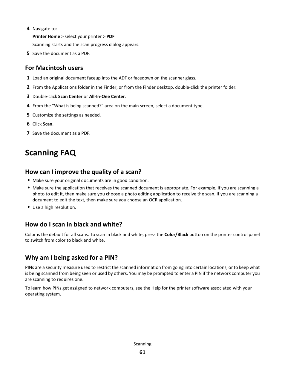 Scanning faq, How can i improve the quality of a scan, How do i scan in black and white | Why am i being asked for a pin, For macintosh users | Lexmark 101 User Manual | Page 61 / 144