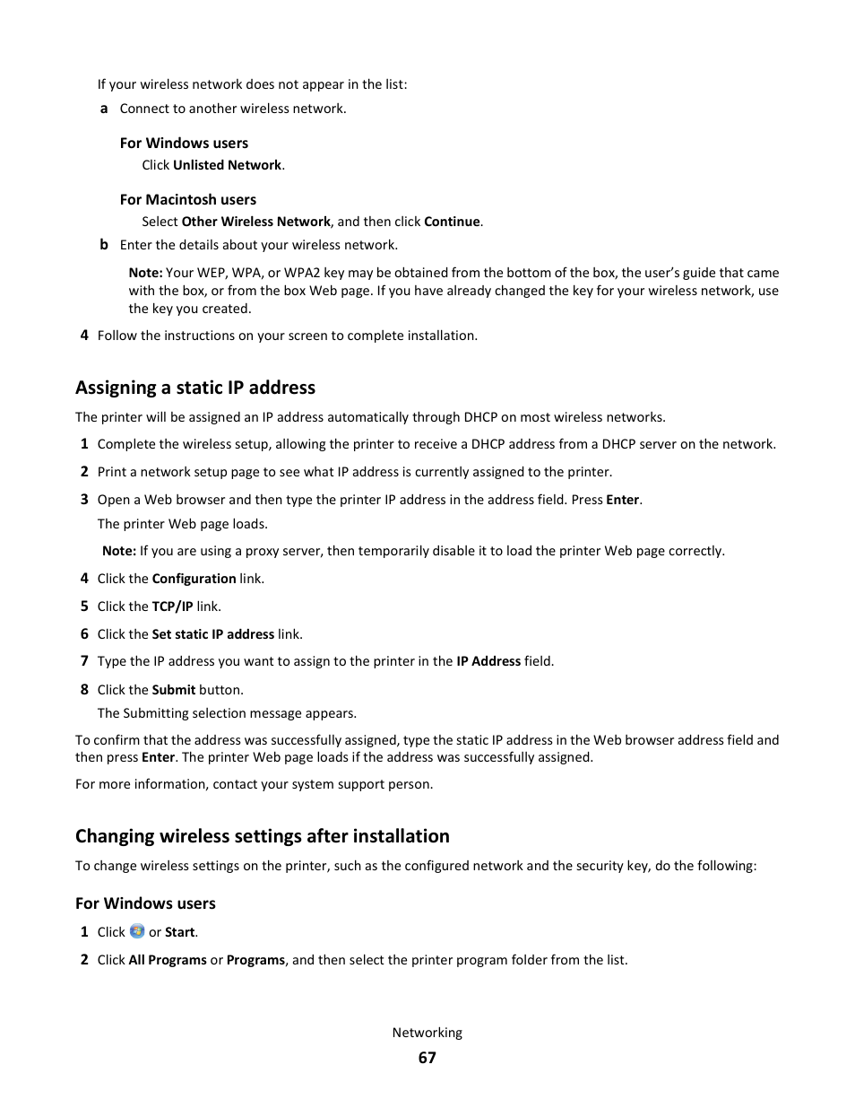 Assigning a static ip address, Changing wireless settings after installation | Lexmark 101 User Manual | Page 67 / 144