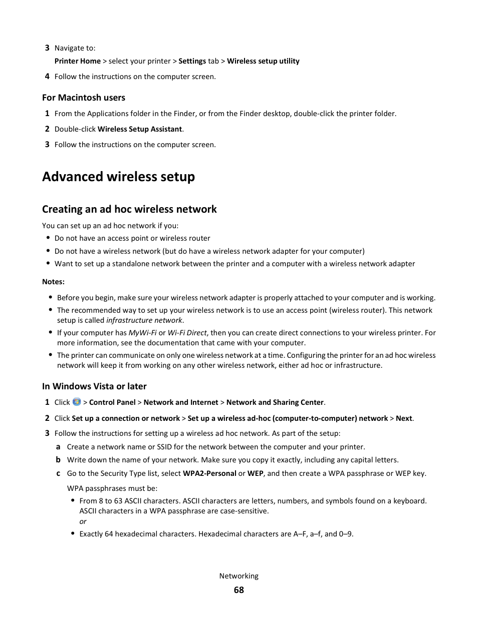 Advanced wireless setup, Creating an ad hoc wireless network | Lexmark 101 User Manual | Page 68 / 144
