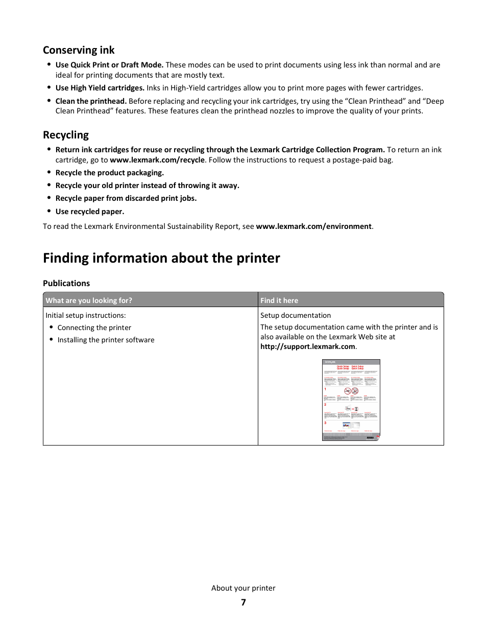 Finding information about the printer, Conserving ink, Recycling | Lexmark 101 User Manual | Page 7 / 144