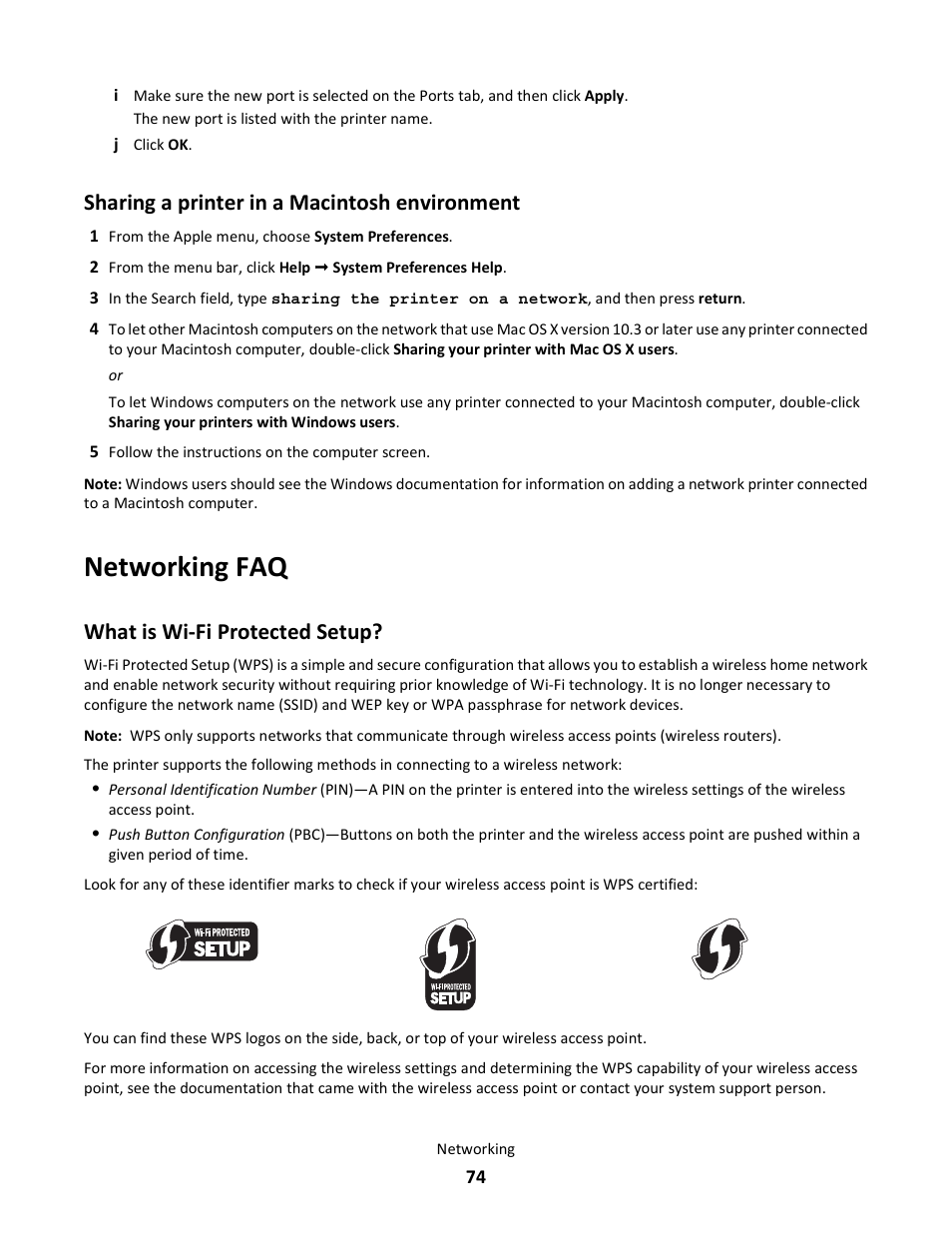 Sharing a printer in a macintosh environment, Networking faq, What is wi-fi protected setup | Lexmark 101 User Manual | Page 74 / 144