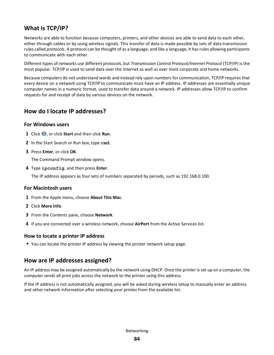 What is tcp/ip, How do i locate ip addresses, How are ip addresses assigned | Lexmark 101 User Manual | Page 84 / 144