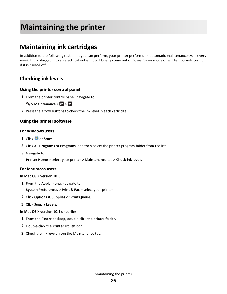 Maintaining the printer, Maintaining ink cartridges, Checking ink levels | Lexmark 101 User Manual | Page 86 / 144