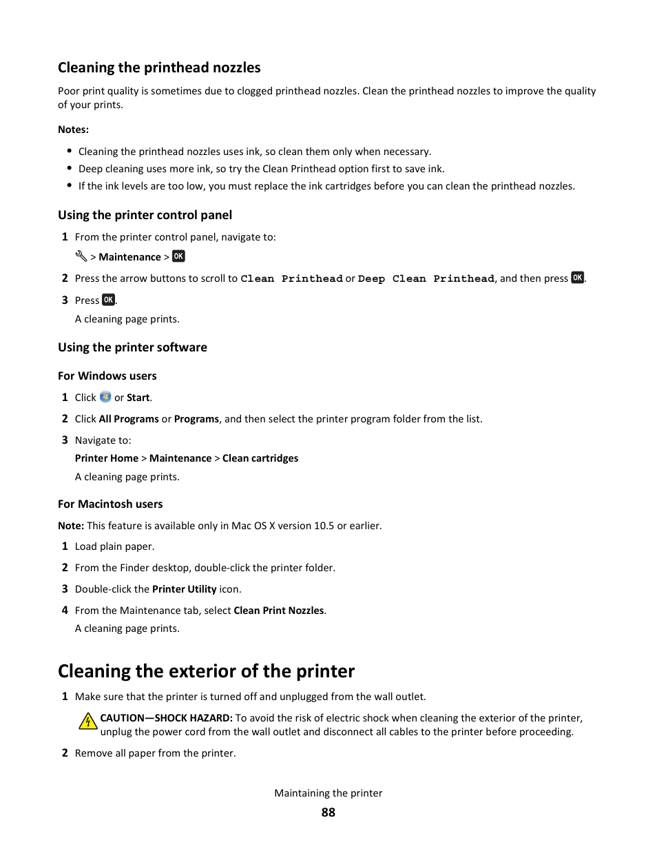 Cleaning the printhead nozzles, Cleaning the exterior of the printer | Lexmark 101 User Manual | Page 88 / 144