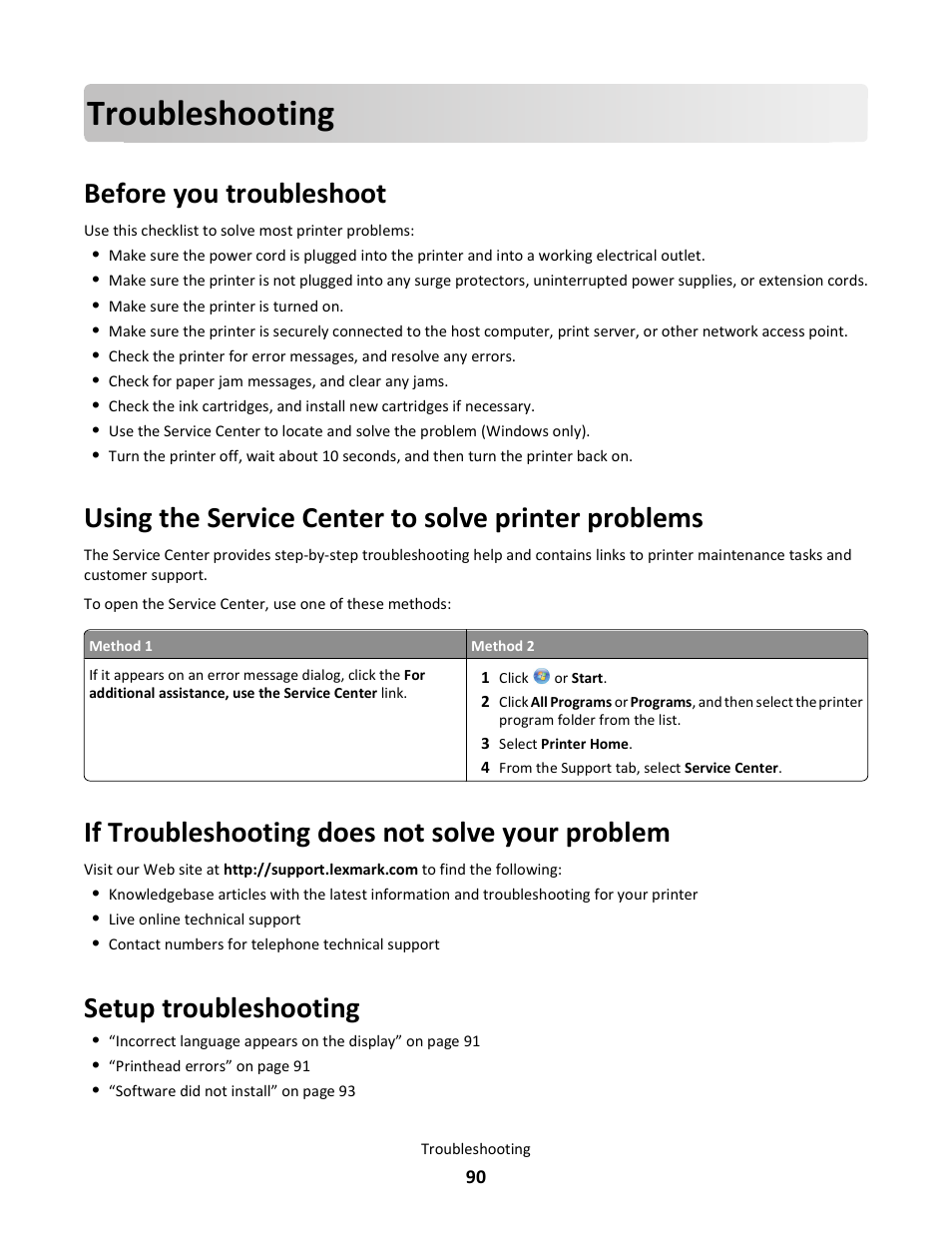 Troubleshooting, Before you troubleshoot, Using the service center to solve printer problems | If troubleshooting does not solve your problem, Setup troubleshooting | Lexmark 101 User Manual | Page 90 / 144