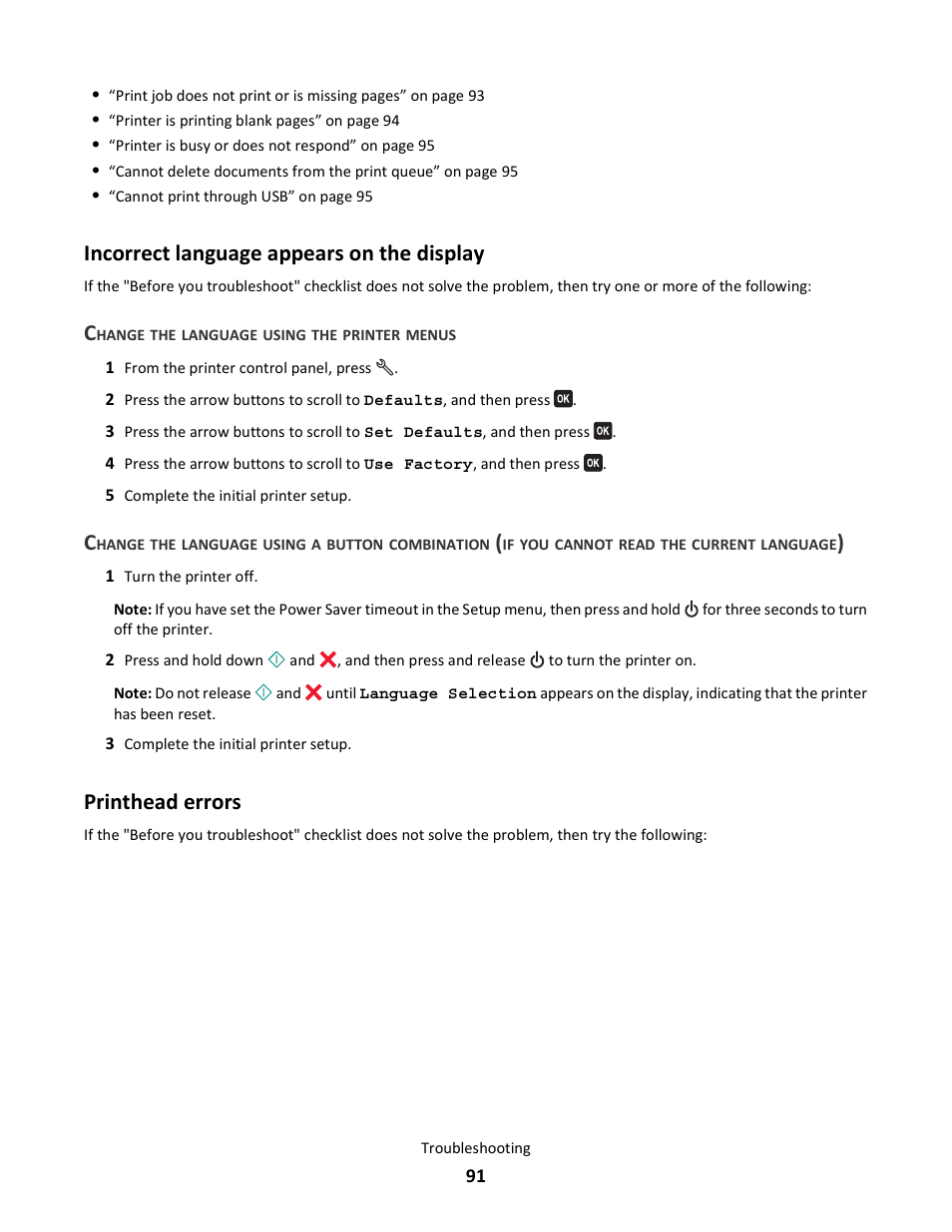 Incorrect language appears on the display, Printhead errors | Lexmark 101 User Manual | Page 91 / 144