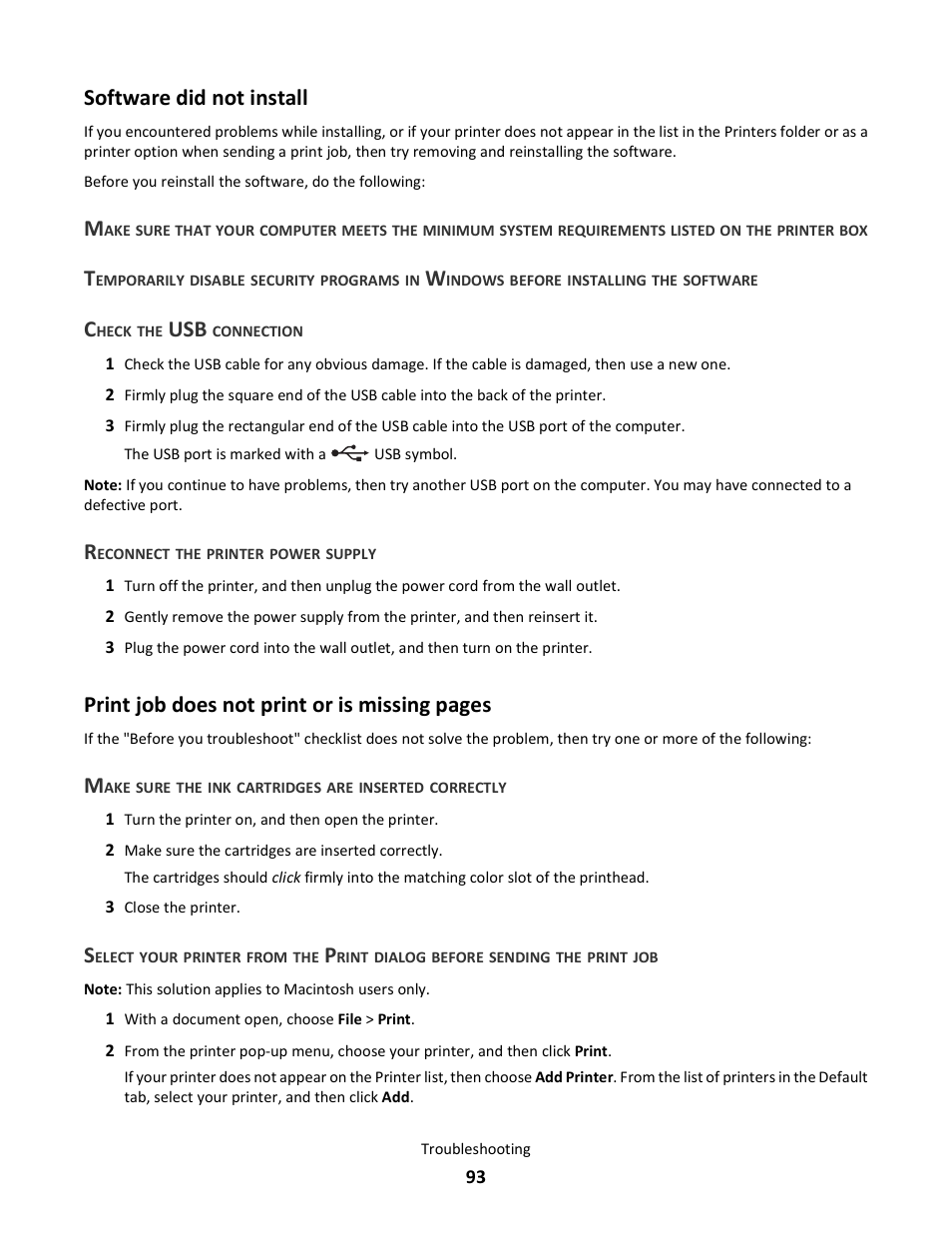 Software did not install, Print job does not print or is missing pages | Lexmark 101 User Manual | Page 93 / 144