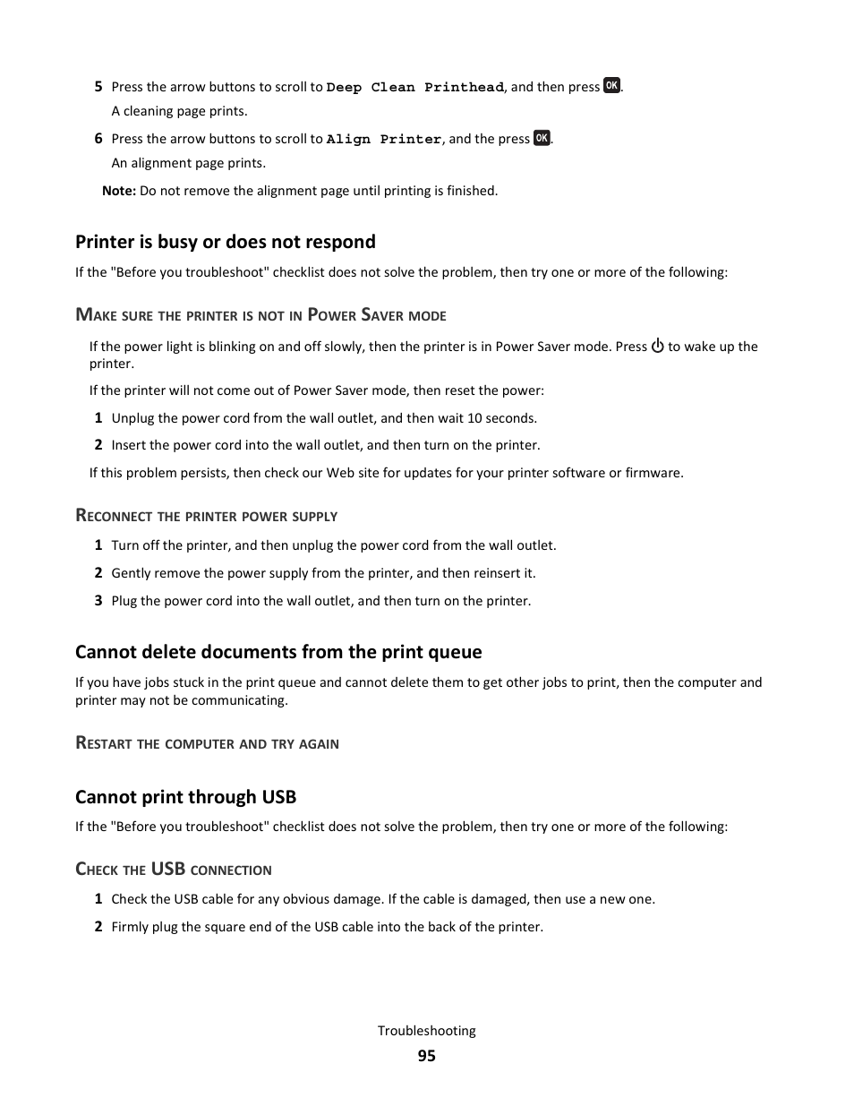 Printer is busy or does not respond, Cannot delete documents from the print queue, Cannot print through usb | Lexmark 101 User Manual | Page 95 / 144