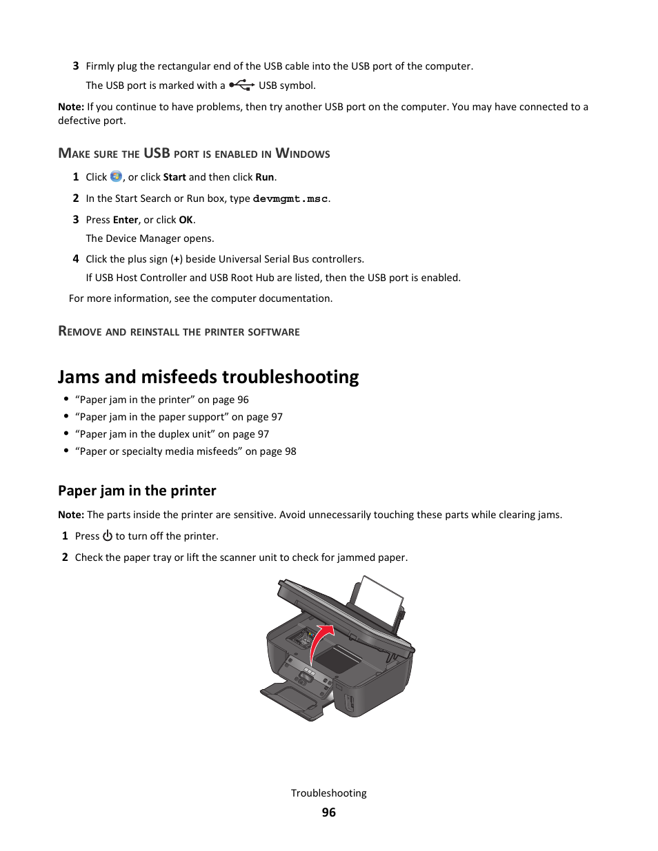 Jams and misfeeds troubleshooting, Paper jam in the printer | Lexmark 101 User Manual | Page 96 / 144
