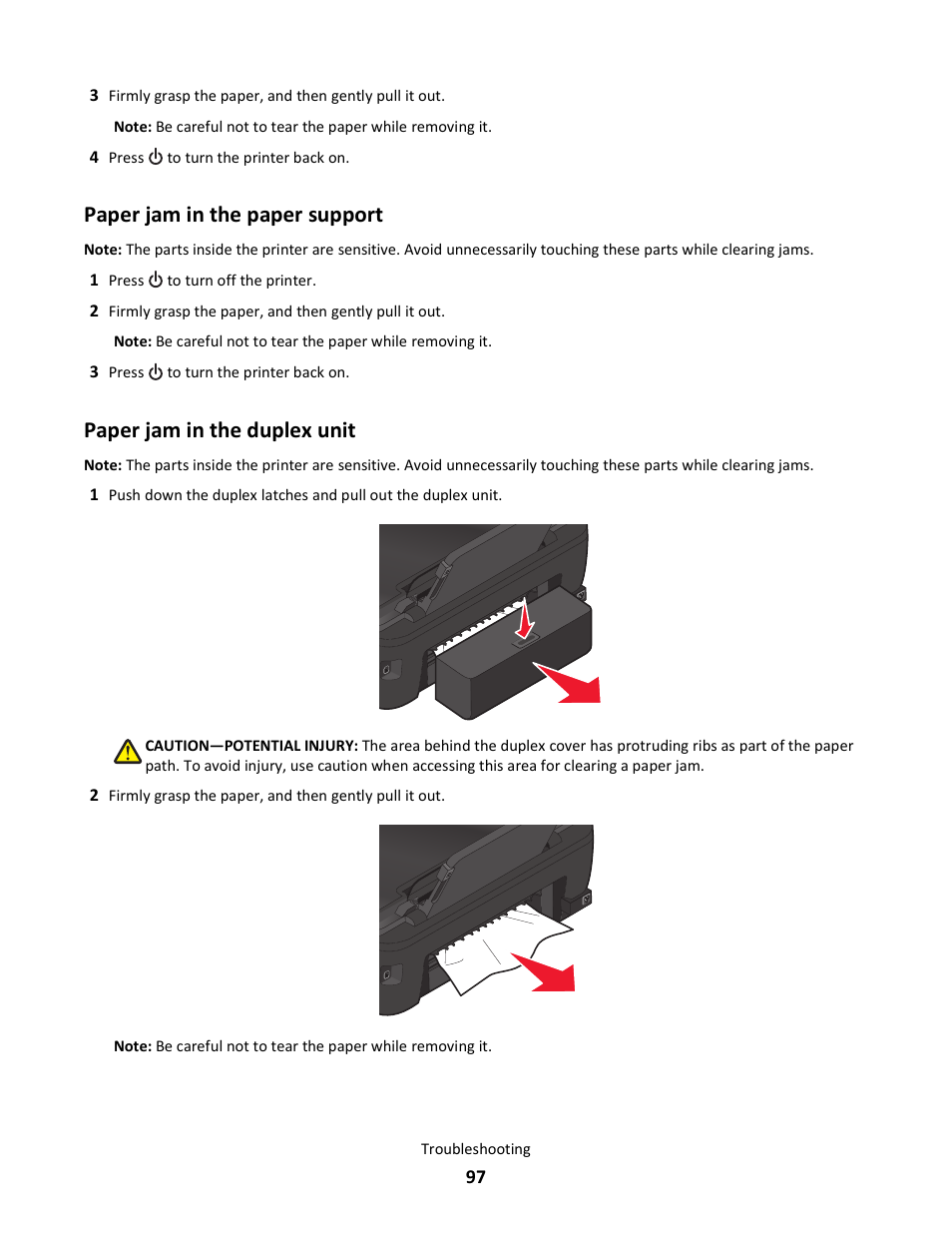 Paper jam in the paper support, Paper jam in the duplex unit | Lexmark 101 User Manual | Page 97 / 144