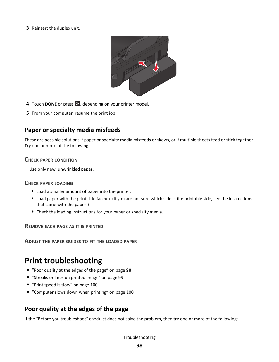 Paper or specialty media misfeeds, Print troubleshooting, Poor quality at the edges of the page | Lexmark 101 User Manual | Page 98 / 144
