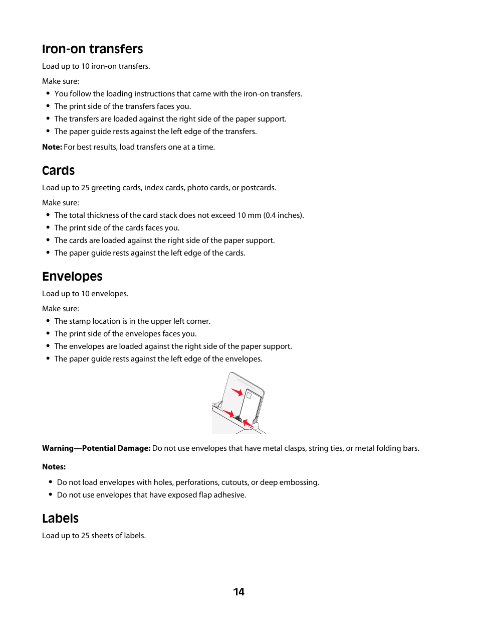 Iron-on transfers, Cards, Envelopes | Labels | Lexmark Z2300 User Manual | Page 14 / 54