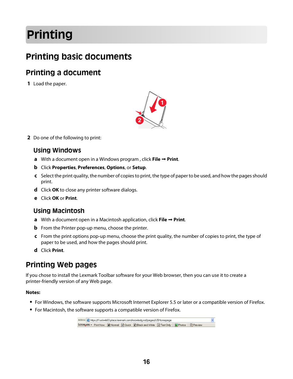 Printing, Printing basic documents, Printing a document | Printing web pages | Lexmark Z2300 User Manual | Page 16 / 54