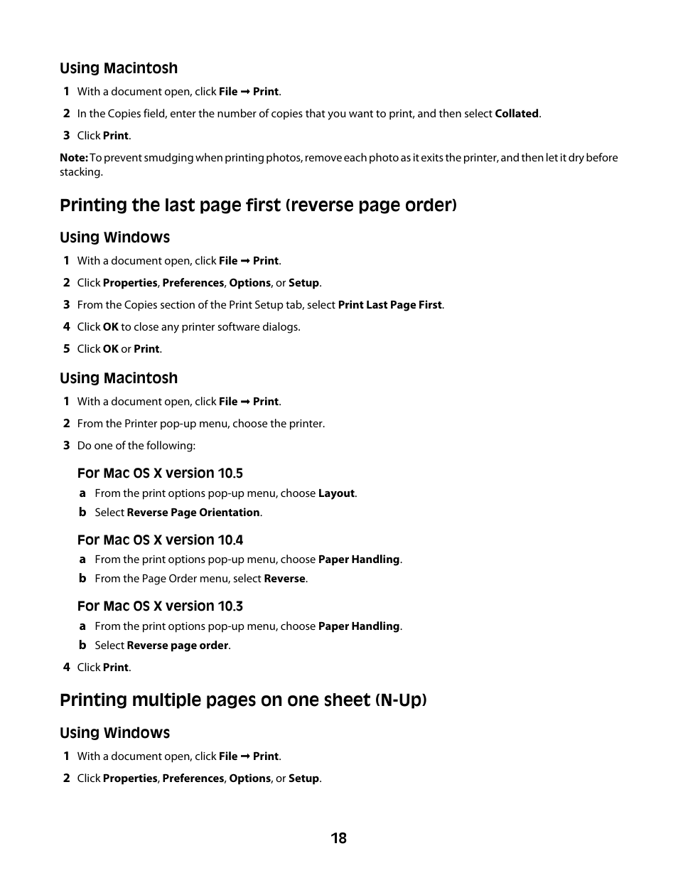 Printing the last page first (reverse page order), Printing multiple pages on one sheet (n-up) | Lexmark Z2300 User Manual | Page 18 / 54