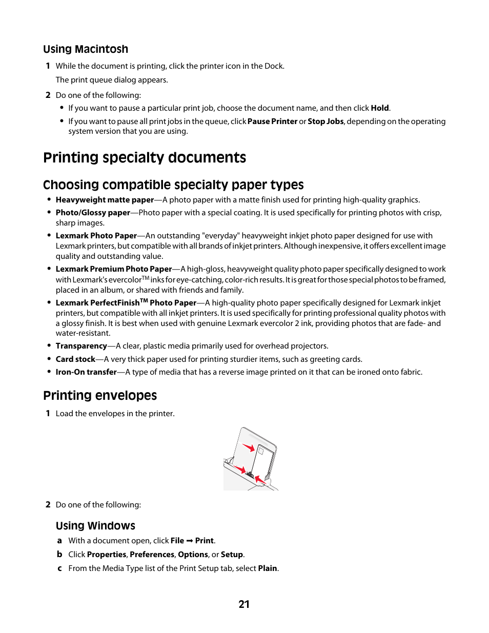 Printing specialty documents, Choosing compatible specialty paper types, Printing envelopes | Lexmark Z2300 User Manual | Page 21 / 54