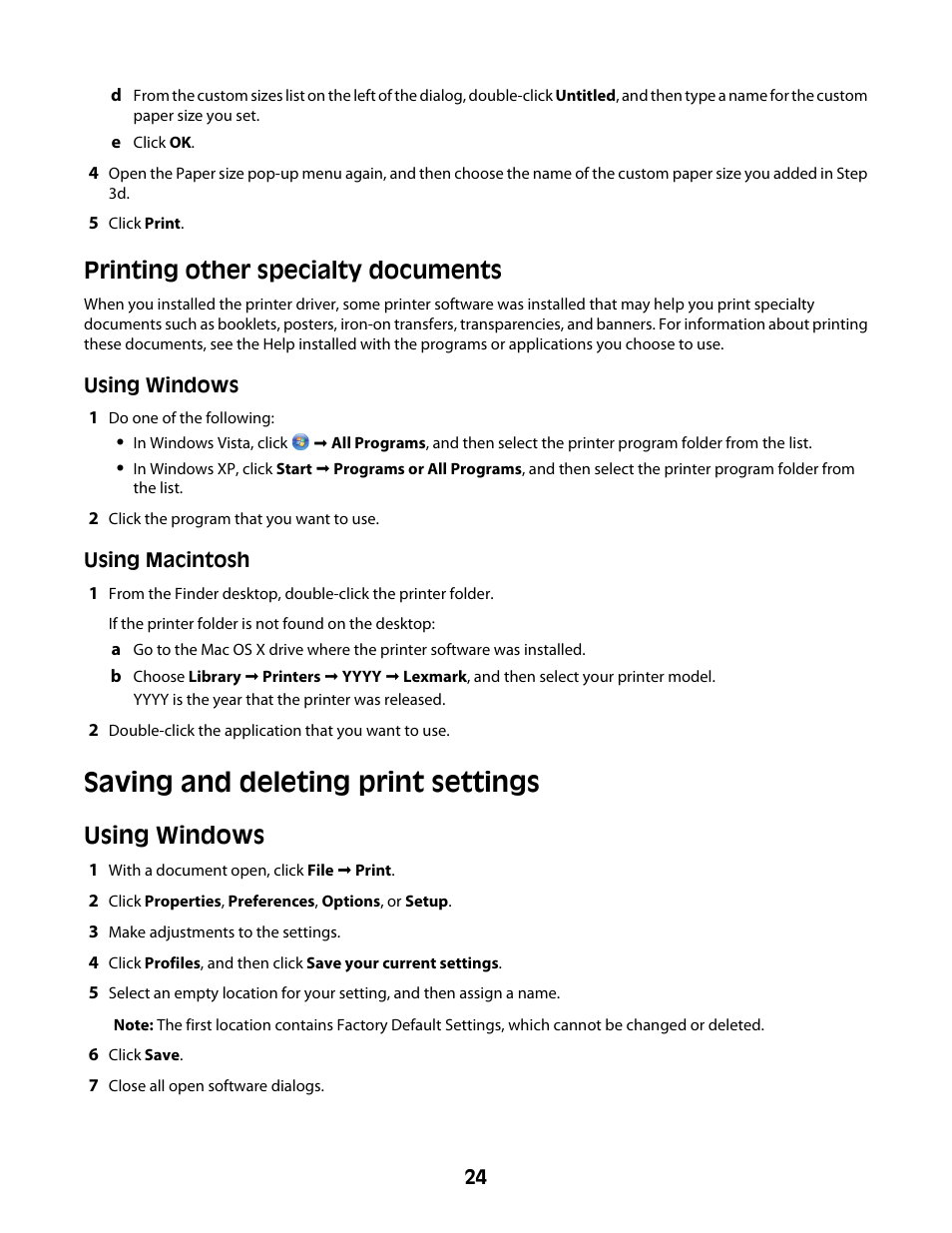 Printing other specialty documents, Saving and deleting print settings, Using windows | Lexmark Z2300 User Manual | Page 24 / 54
