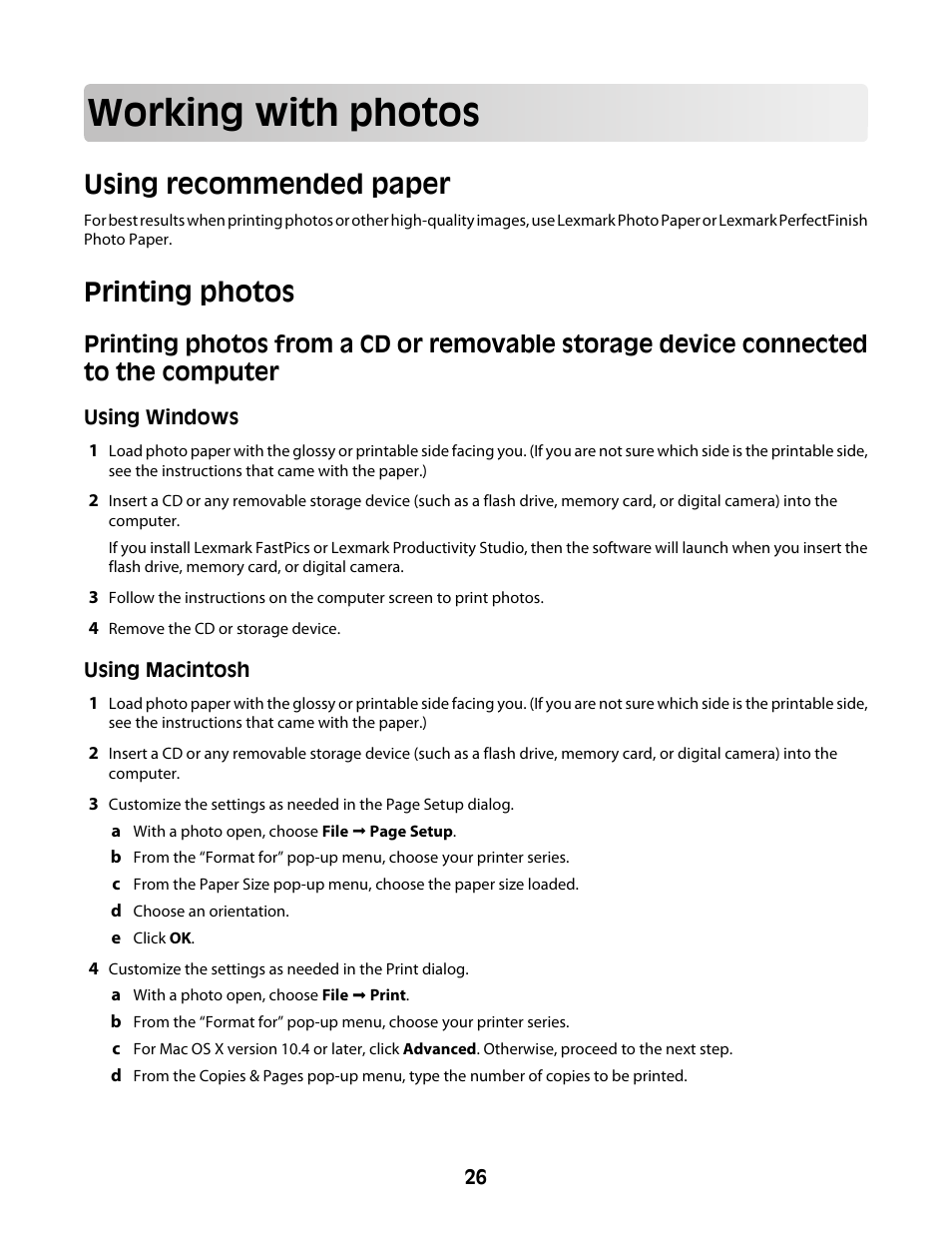 Working with photos, Using recommended paper, Printing photos | Lexmark Z2300 User Manual | Page 26 / 54