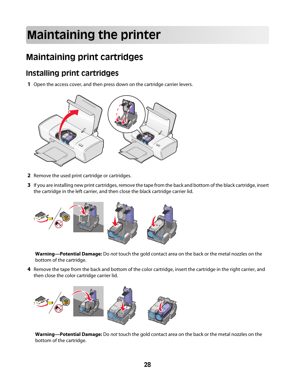 Maintaining the printer, Maintaining print cartridges, Installing print cartridges | Lexmark Z2300 User Manual | Page 28 / 54